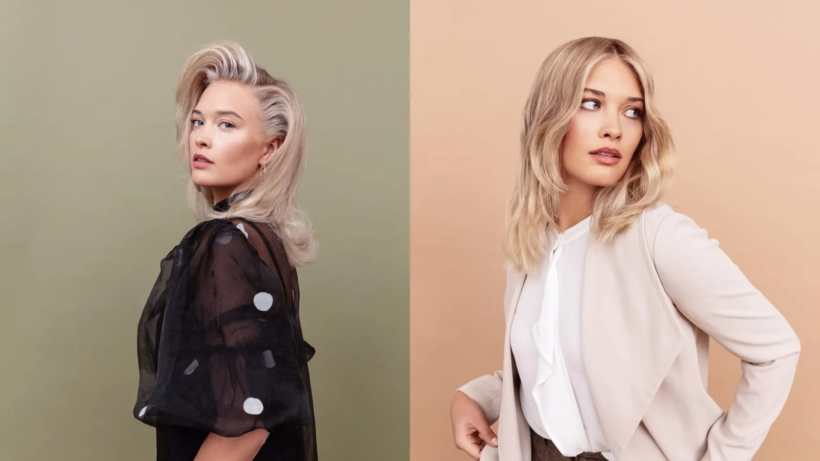 Zwei Frauen mit platinblonden Haaren präsentieren unterschiedliche Stylings: ein voluminöser Blowout und leichte Wellen mit Mittelscheitel.